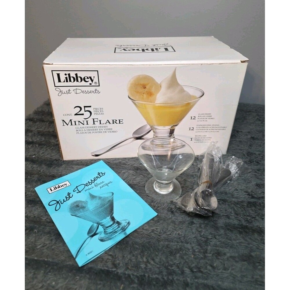 Libby Just Desserts Mini Flare Glass Dessert Dishes & Mini Spoons W/ Recipe Card